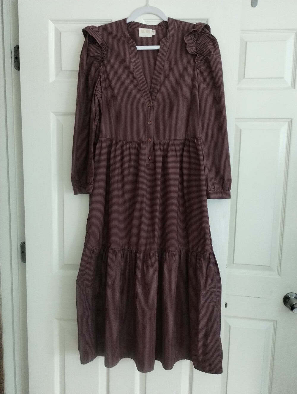 Nation LTD Dalia Victorian Mauve Stripe Long Sleeve Tiered Midi Dress Small